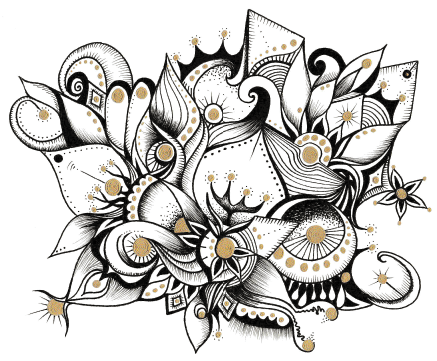 Soul Drawing in Black and Gold showing a burst of Life with mainly organic ornaments, curls, lines, flower petals. Soul Drawings are available in my Art Shop.