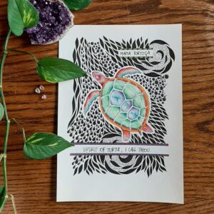 Drawing made by Art Sound Medicine Woman of Mother Turtle. The drawing has black line drawings in the back and a colorful turtle in the middle. The drawing serves as an invitation to discover the Creative Space inside yourself and here on the website.
