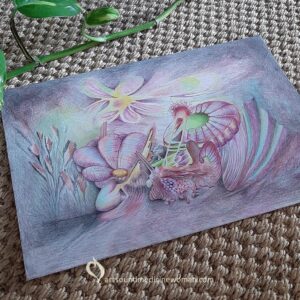 Overview of an intuitive drawing with colored pencils. The shapes are imaginary although they emit an atmosphere of organic elements such as plants, sea creatures and flying spirits.