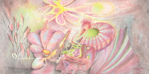 Detail of an intuitive drawing with colored pencils with a variety of subtle colors