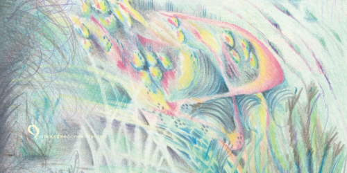 Detail of an intuitive drawing with colored pencils with a variety of subtle colors